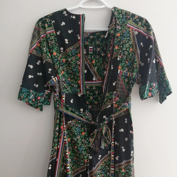 Vintage Union Made USA '70s Plaid and Floral Patchwork Midi Dress Cottage Small - Picture 7 of 17